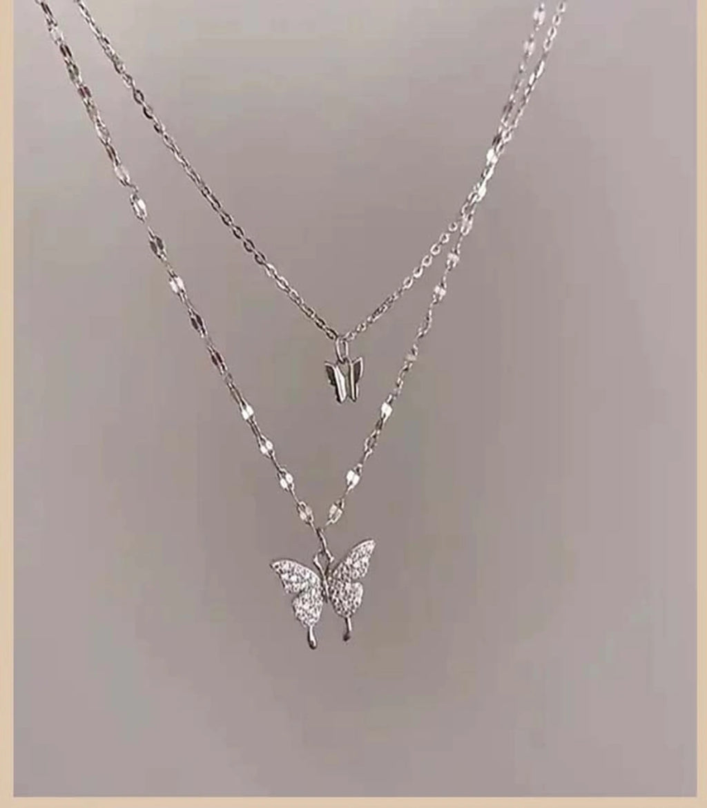Silver Butterfly Layered Necklace